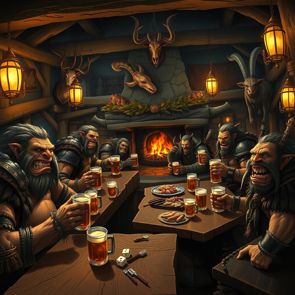 A lively fantasy tavern scene bustling with activity, featuring a group of trolls and orcs enjoying their drinks