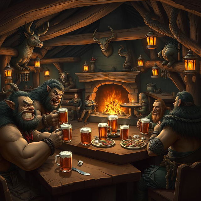 A lively fantasy tavern scene bustling with activity, featuring a group of trolls and orcs enjoying their drinks