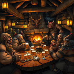 A lively fantasy tavern scene bustling with activity, featuring a group of trolls and orcs enjoying their drinks