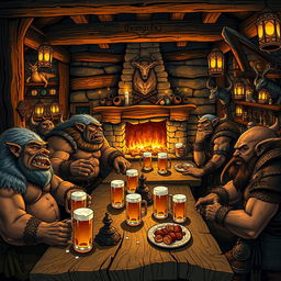 A lively fantasy tavern scene bustling with activity, featuring a group of trolls and orcs enjoying their drinks