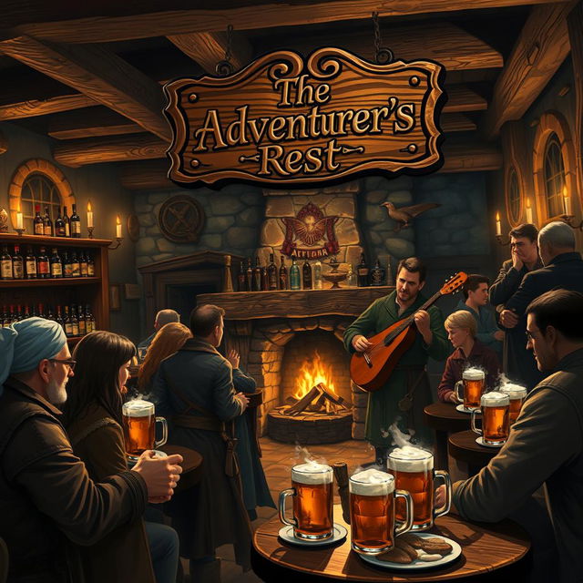 A cozy, rustic tavern setting with wooden beams and stone walls, flickering candlelight casting warm shadows