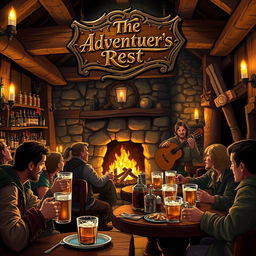 A cozy, rustic tavern setting with wooden beams and stone walls, flickering candlelight casting warm shadows