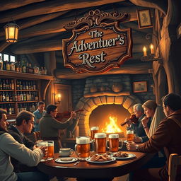 A cozy, rustic tavern setting with wooden beams and stone walls, flickering candlelight casting warm shadows