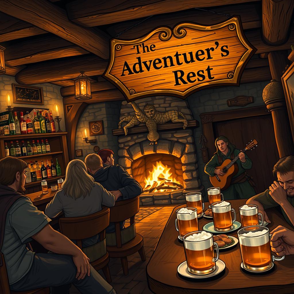 A cozy, rustic tavern setting with wooden beams and stone walls, flickering candlelight casting warm shadows