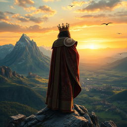 A majestic king standing on a rocky mountain peak, overlooking a vast, sprawling kingdom set in 1042