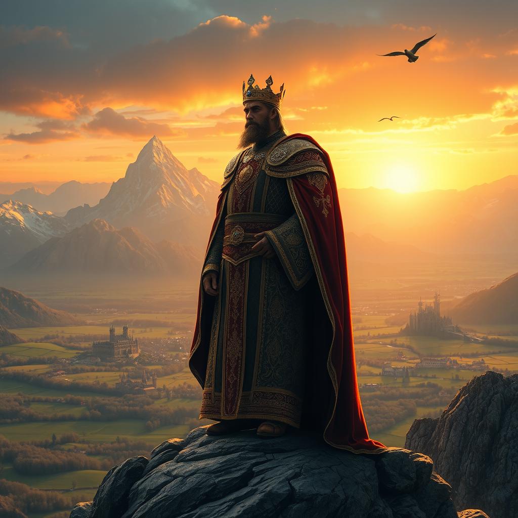 A majestic king standing on a rocky mountain peak, overlooking a vast, sprawling kingdom set in 1042