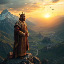 A majestic king standing on a rocky mountain peak, overlooking a vast, sprawling kingdom set in 1042