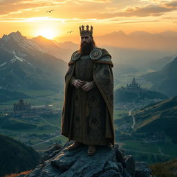 A majestic king standing on a rocky mountain peak, overlooking a vast, sprawling kingdom set in 1042