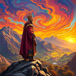 A vibrant and colorful depiction of a majestic king standing on a rocky mountain peak, overlooking his expansive kingdom set in 1042