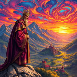 A vibrant and colorful depiction of a majestic king standing on a rocky mountain peak, overlooking his expansive kingdom set in 1042