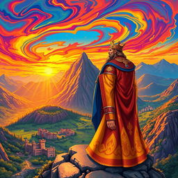 A vibrant and colorful depiction of a majestic king standing on a rocky mountain peak, overlooking his expansive kingdom set in 1042