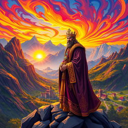 A vibrant and colorful depiction of a majestic king standing on a rocky mountain peak, overlooking his expansive kingdom set in 1042