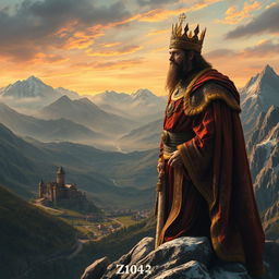 A realistic depiction of a regal king standing atop a rocky mountain peak, surveying his expansive kingdom set in the year 1042
