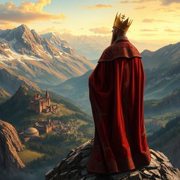 A realistic depiction of a regal king standing atop a rocky mountain peak, surveying his expansive kingdom set in the year 1042