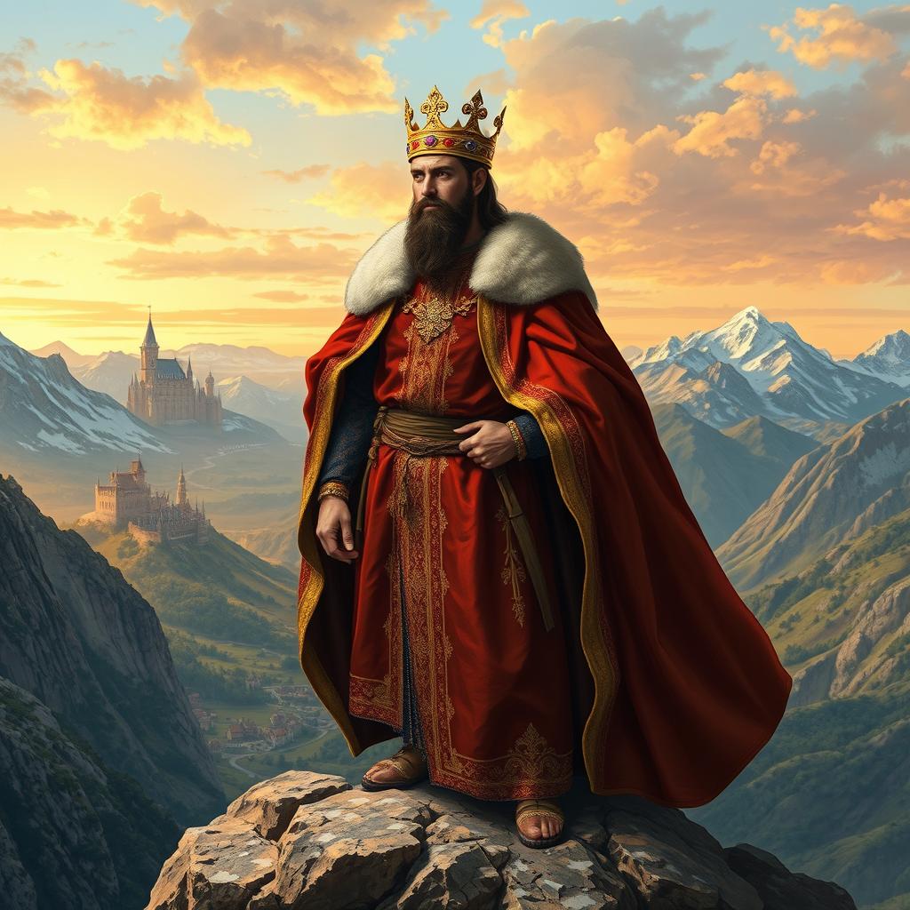 A realistic depiction of a regal king standing atop a rocky mountain peak, surveying his expansive kingdom set in the year 1042