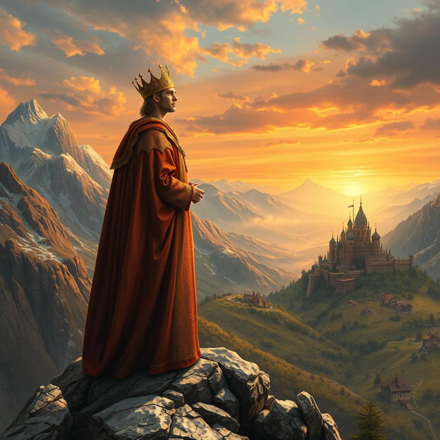 A realistic depiction of a regal king standing atop a rocky mountain peak, surveying his expansive kingdom set in the year 1042