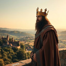 A realistic portrayal of a regal king standing on a stone balcony, overlooking his extensive kingdom set in the year 1042