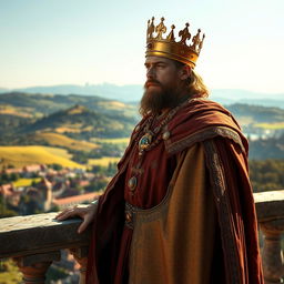 A realistic portrayal of a regal king standing on a stone balcony, overlooking his extensive kingdom set in the year 1042