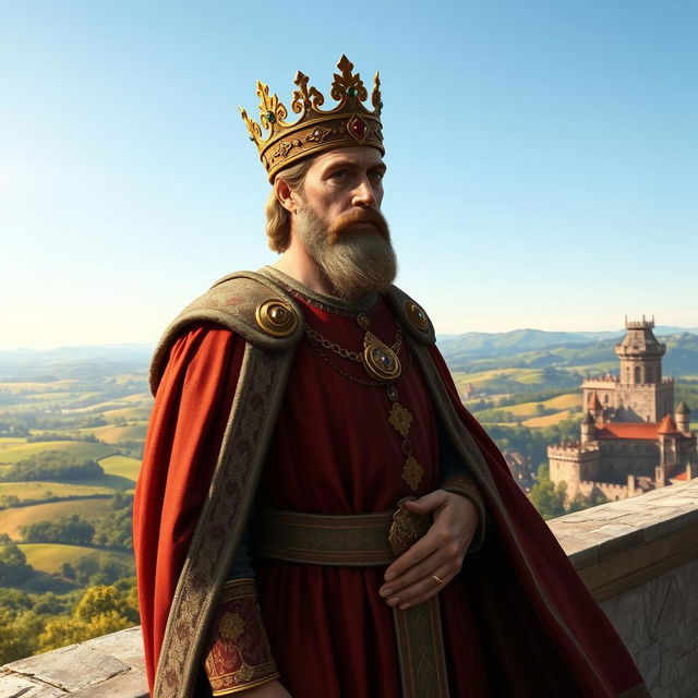 A realistic portrayal of a regal king standing on a stone balcony, overlooking his extensive kingdom set in the year 1042