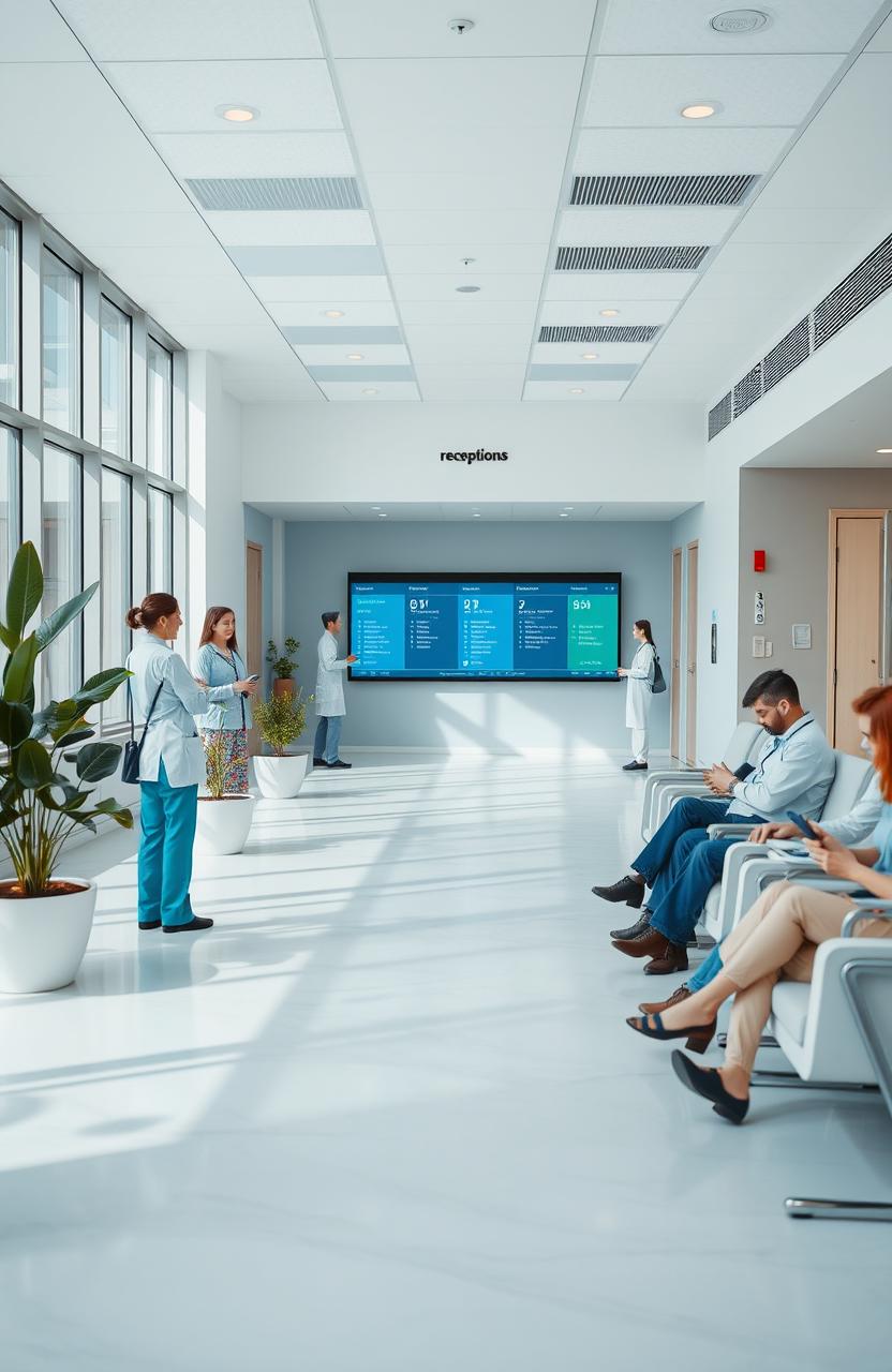 A serene hospital environment showcasing a modern, bright, and welcoming reception area, with friendly staff members assisting patients