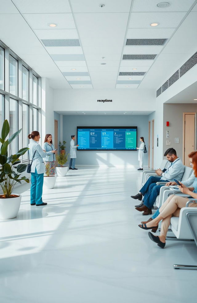 A serene hospital environment showcasing a modern, bright, and welcoming reception area, with friendly staff members assisting patients