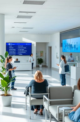 A serene hospital environment showcasing a modern, bright, and welcoming reception area, with friendly staff members assisting patients