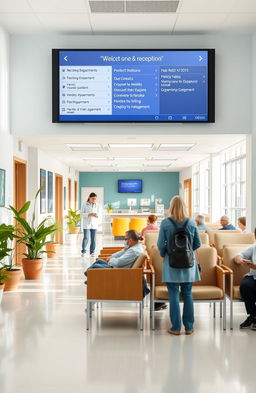 A serene hospital environment showcasing a modern, bright, and welcoming reception area, with friendly staff members assisting patients