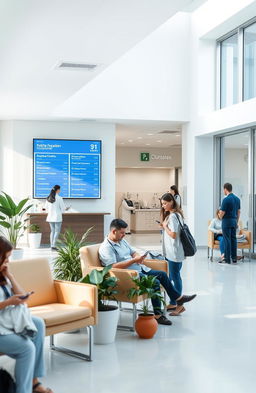 A serene hospital environment showcasing a modern, bright, and welcoming reception area, with friendly staff members assisting patients