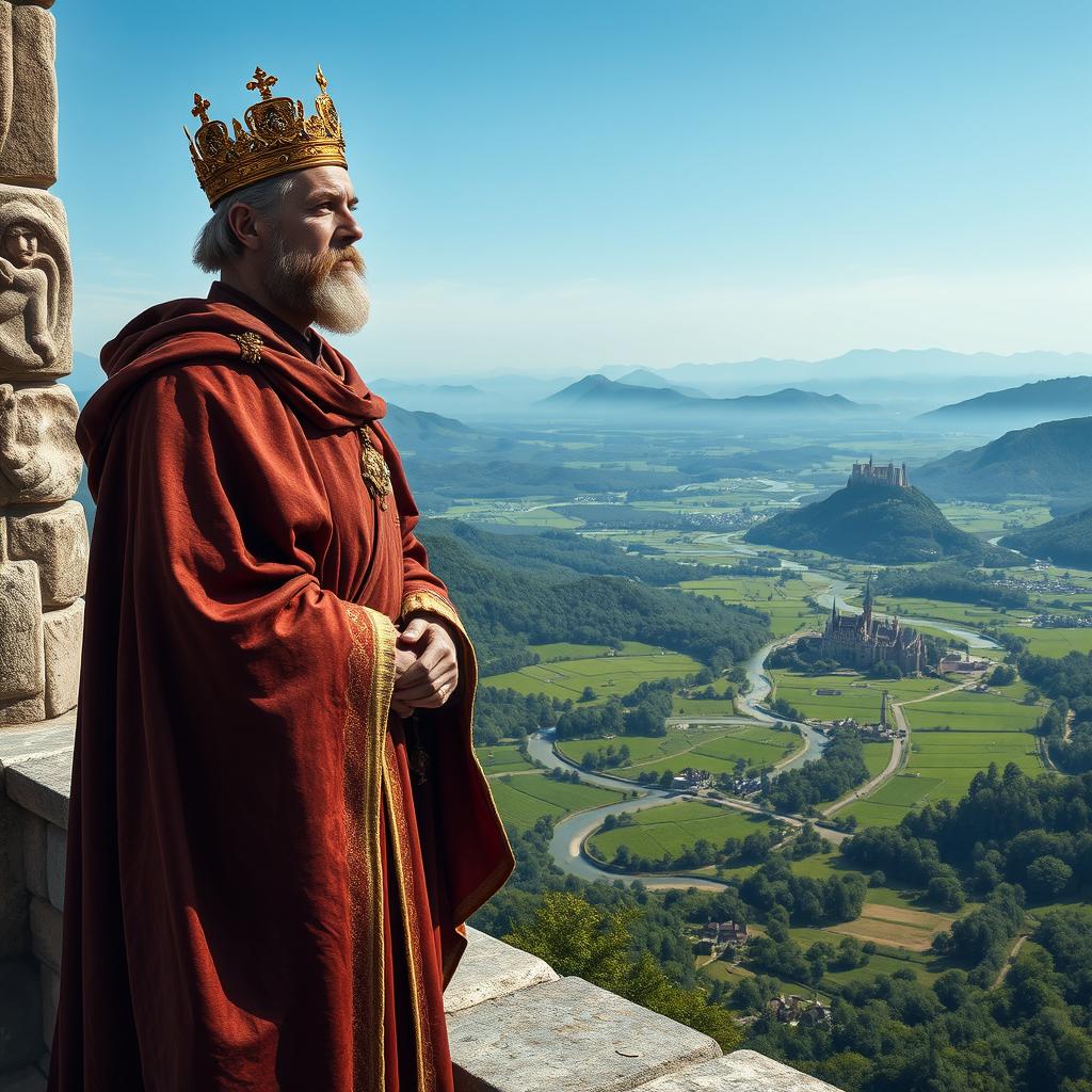 A realistic depiction of a noble king standing on a stone balcony, overlooking his vast kingdom set in the year 1042