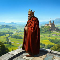 A realistic depiction of a noble king standing on a stone balcony, overlooking his vast kingdom set in the year 1042