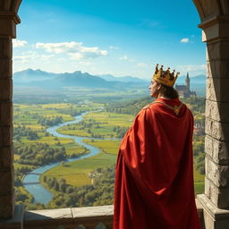 A realistic depiction of a noble king standing on a stone balcony, overlooking his vast kingdom set in the year 1042