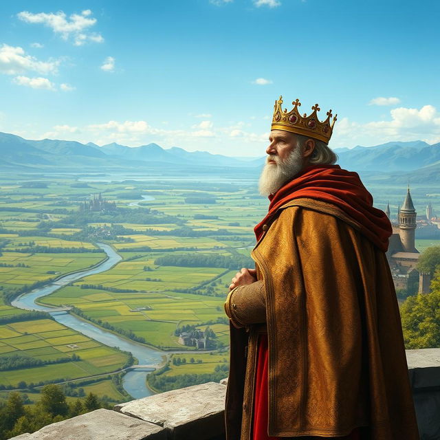 A realistic depiction of a noble king standing on a stone balcony, overlooking his vast kingdom set in the year 1042