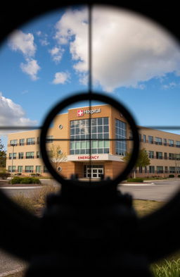 A dramatic view of a hospital as seen through a rifle scope, showcasing the building's architecture and surroundings in sharp focus