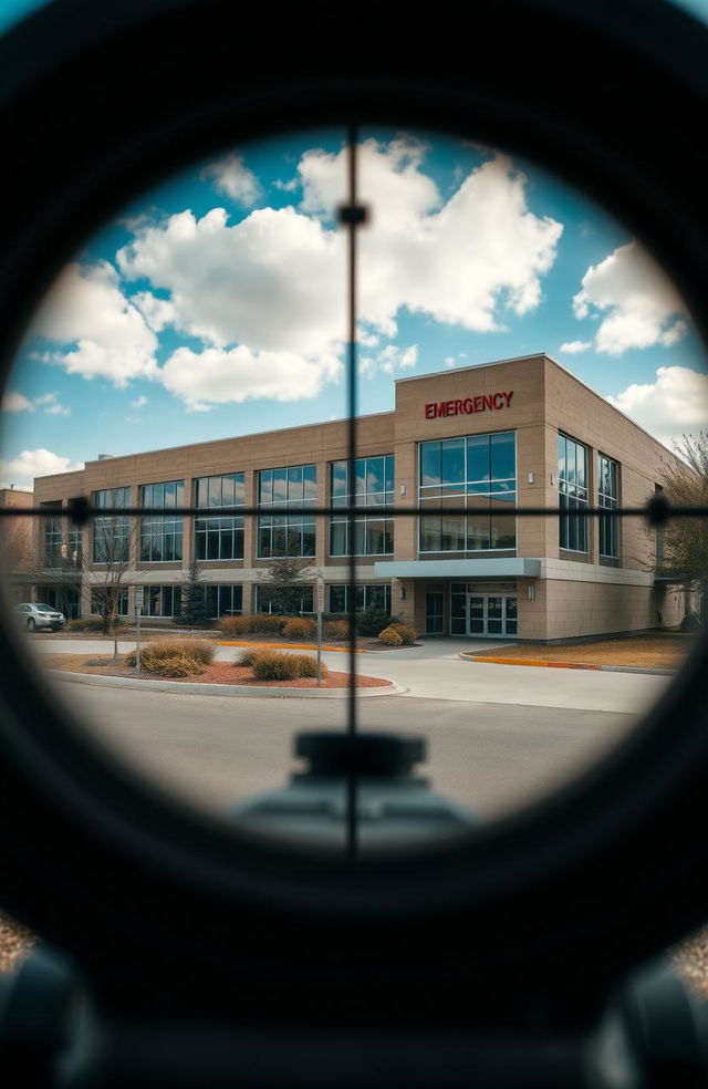 A dramatic view of a hospital as seen through a rifle scope, showcasing the building's architecture and surroundings in sharp focus