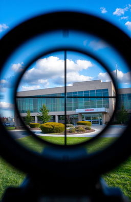 A dramatic view of a hospital as seen through a rifle scope, showcasing the building's architecture and surroundings in sharp focus