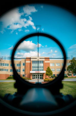 A dramatic view of a hospital as seen through a rifle scope, showcasing the building's architecture and surroundings in sharp focus