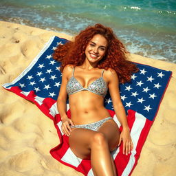 A vibrant full-body image of a young woman with curly red hair, elegantly reclining on an American flag beach towel