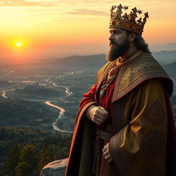 A realistic depiction of a majestic king standing on a high vantage point, overlooking his vast kingdom set in the year 1042