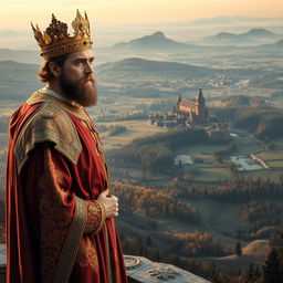 A realistic depiction of a majestic king standing on a high vantage point, overlooking his vast kingdom set in the year 1042