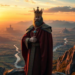 A majestic king standing on a high cliff, overlooking his vast kingdom set in the year 1042