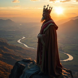 A majestic king standing on a high cliff, overlooking his vast kingdom set in the year 1042