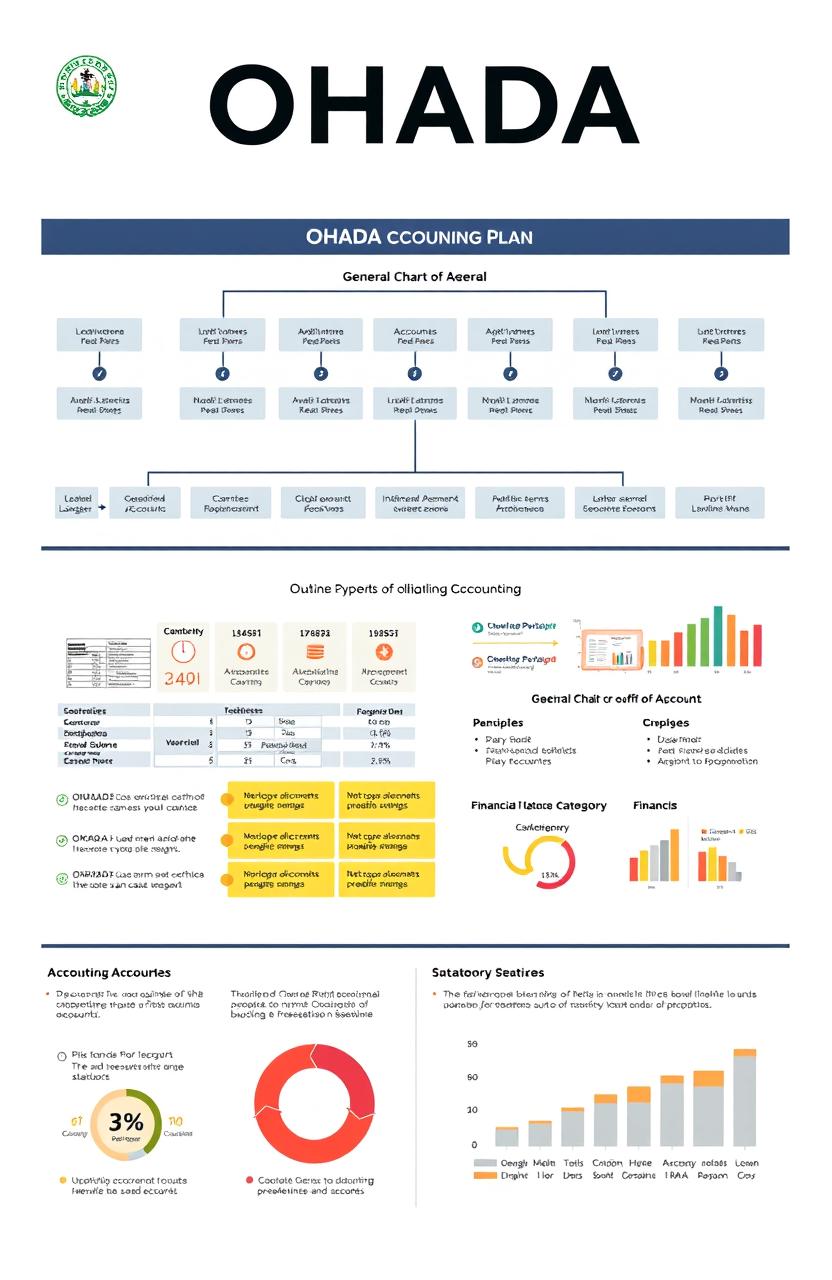 An organized and visually engaging presentation of the OHADA accounting plan, showcasing a clear outline of its components such as the General Chart of Accounts (Plan Comptable Général), various accounting categories, and subcategories