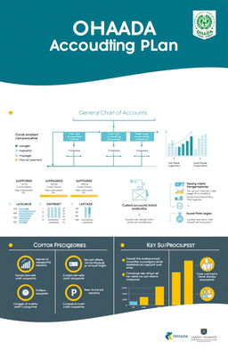 An organized and visually engaging presentation of the OHADA accounting plan, showcasing a clear outline of its components such as the General Chart of Accounts (Plan Comptable Général), various accounting categories, and subcategories