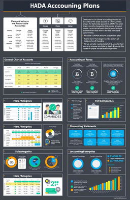 An organized and visually engaging presentation of the OHADA accounting plan, showcasing a clear outline of its components such as the General Chart of Accounts (Plan Comptable Général), various accounting categories, and subcategories