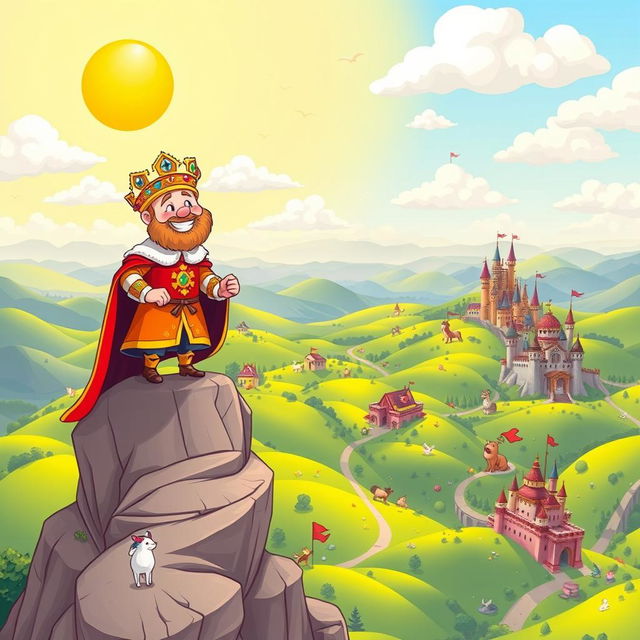 A cartoonish illustration of a cheerful king standing on a high cliff, joyfully overlooking his vast kingdom set in the year 1042