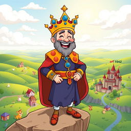 A cartoonish illustration of a cheerful king standing on a high cliff, joyfully overlooking his vast kingdom set in the year 1042