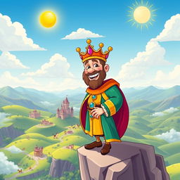 A cartoonish illustration of a cheerful king standing on a high cliff, joyfully overlooking his vast kingdom set in the year 1042