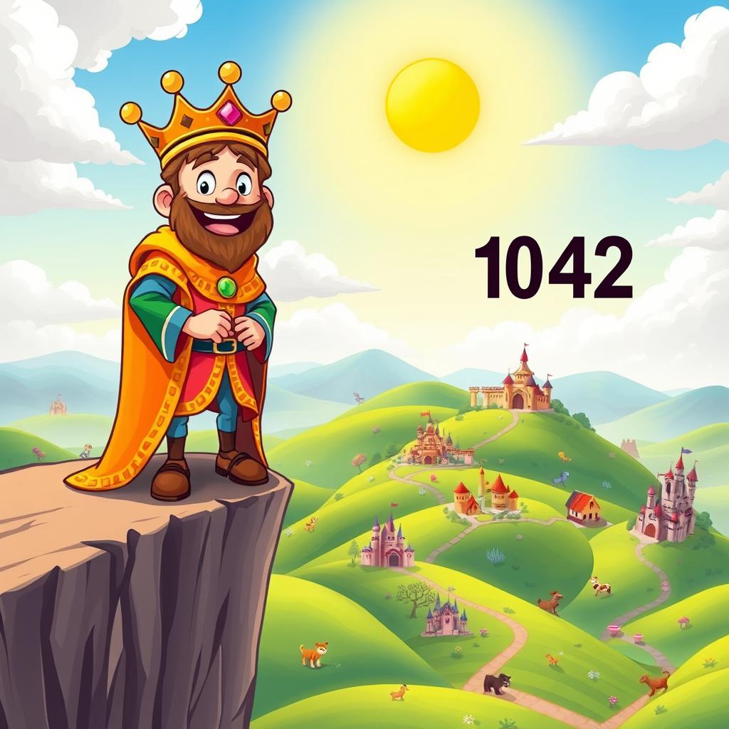 A cartoonish illustration of a cheerful king standing on a high cliff, joyfully overlooking his vast kingdom set in the year 1042