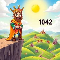 A cartoonish illustration of a cheerful king standing on a high cliff, joyfully overlooking his vast kingdom set in the year 1042