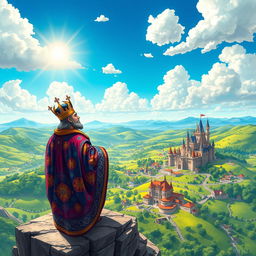 A vibrant and colorful depiction of a king standing atop a high cliff, gazing over his expansive kingdom set in the year 1042